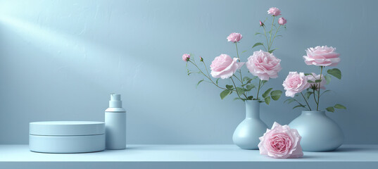 Romantic Beauty of Pink Floral Bouquet: Fresh Blossoms in a White Vase on a Wooden Table.
