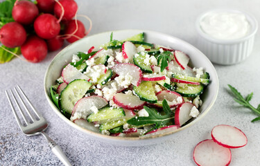 Vegetarian salad of radishes, cottage cheese, sour cream and arugula on a gray background. 