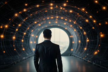 Back view of businessman looking at night city with binary code. Technology concept