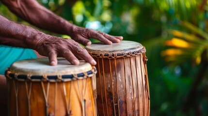 Men's hands play an ethnic drum. The concept of a live music concert, as well as African drumming lessons.
