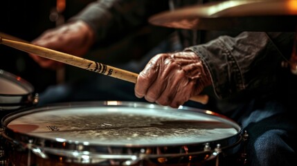 Obraz premium Close-up of the drummer's hands hitting the drums with drumsticks. 