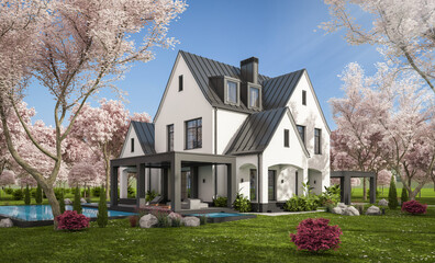 3d rendering of cute cozy white and black modern Tudor style house with parking  and pool for sale or rent. Fresh spring day with a blooming trees with flowers of sakura.