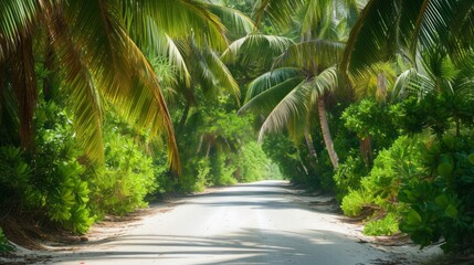 Obraz premium Sandy road among tropical leaves and trees. Nature on an island in the tropics.