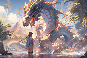 A majestic dragon stands beside a fearless man, embodying power, courage, and mythical adventure in an epic encounter. dragon and man
