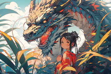 A majestic dragon stands beside a fearless man, embodying power, courage, and mythical adventure in an epic encounter. dragon and man