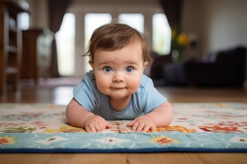 Baby doing tummy time on a mat floor, first crawling movements indoors. Motor skill development