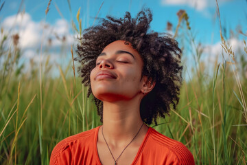 Fictional Black woman relaxing at a tranquil place in the nature. Concept of healing reflections: contemplative moments of self-care and self-soothing and enjoying life allergy-free. 
 - obrazy, fototapety, plakaty