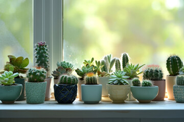 Cactus and succulents in pots on the windowsill. Generative AI