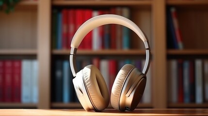 Listening to audiobooks, books by headphones. Online library, education, podcast. Books library online, headset