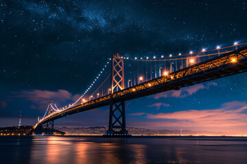 Fototapeta na wymiar Night view of the bridge illuminated with bright lights. Generative AI