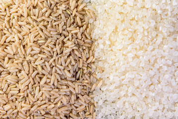 White and brown rice texture or background.