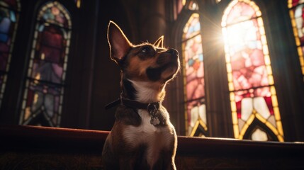 dog in church. a puppy prays near a stained glass window. faith hope. animal folded his hands in prayer