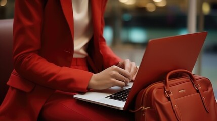 a woman in a red suit is typing on a laptop at the airport. businessman in the terminal with luggage. work online