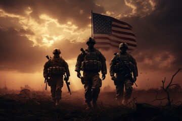 American soldiers against the backdrop of sunset and the usa flag. war and independence day. victory and patriotism