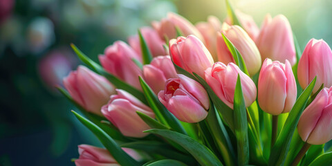 Beautiful bouquet of pink tulips on blurred background. Ai generation.