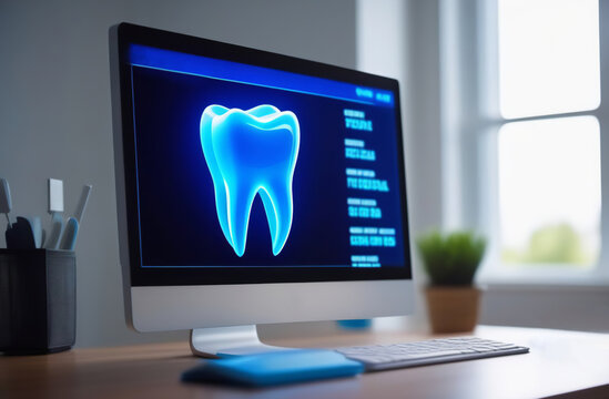 Computer screen with neon blue digital print of tooth. Close up PC monitor showing dental image. Laptop display at dental clinic, medical center standing on office desk. High-Tech dentistry concept