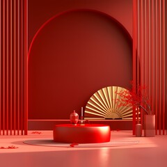 Modern Chinese style backdrop design with golden fan under red theme color background for Chinese new year greeting card mockup