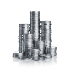 Stack of silver coins isolated on white background