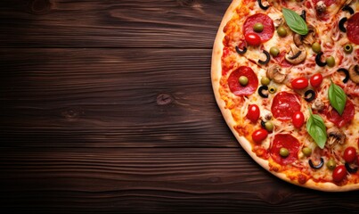 A traditional delicious italian pizza with ingredients on wooden board, top view.