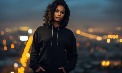 Beautiful young woman in black hooded sweatshirt with city on background.
