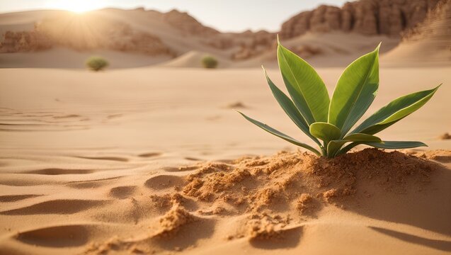 A small tree growing in the desert sand