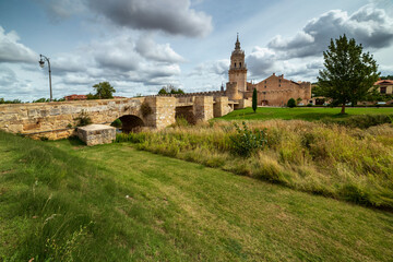 Bridge across the river Ucero and cathedral of Burgo de Osma. Soria. Spain. Europe.