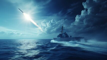 Warship Launching Missile at Sea at Dusk. A naval warship firing a missile over the ocean under a dramatic evening sky, capturing a moment of military action.