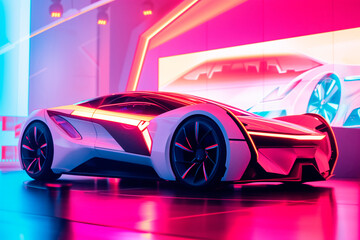 Concept Electric Supercar Showcase. A vibrant concept electric supercar on display with futuristic lighting.