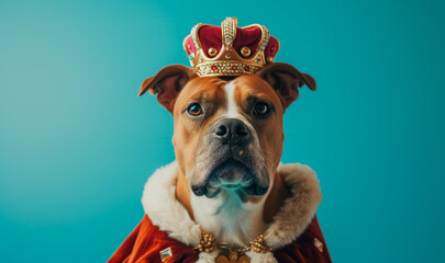 Regal Dog in Crown and Royal Mantle. Boxer dog dressed in a royal mantle and crown against a teal background, portraying nobility and humor.