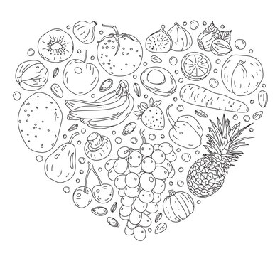 fruit and vegetable shapes. heart shape with fruits and vegetables