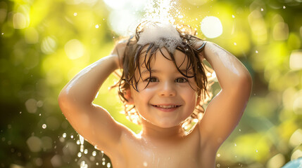 Children taking a shower and washing their hair outdoors Green nature blurred background - obrazy, fototapety, plakaty