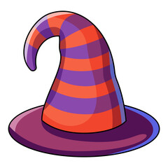 Striped wizard hat. Cartoon magic witch hat. Wizard cap for Halloween party costume. Vector cartoon illustration of fantasy old magician or sorceress hat.
