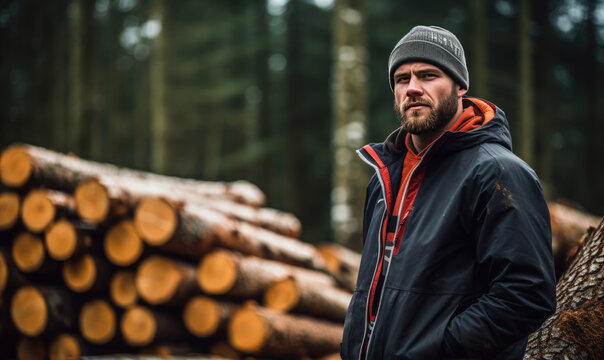 Lumberjack standing in front of wood pile in forest. Logger man