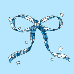 Disco mirror ball blue bow in cartoon style. Cute trendy design. Vector funky illustration. Ballet-core, coquette-core background.  - 718987605