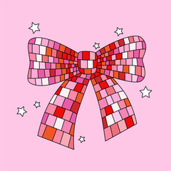 Disco mirror ball pink bow in cartoon style. Cute trendy design. Vector funky illustration. Ballet-core, coquette-core background.   - 718987652