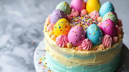a vibrant and delightful Easter cake surrounded by an assortment of colorful eggs, creating a visually engaging and celebratory scene.