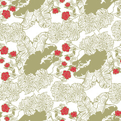 Tropical plant leaves pattern for textile design, fabric print, wallpaper, digital paper. Palm tree leaf background, jungle vintage style, hand drawn illustration for cafe, spa hotel decoration.