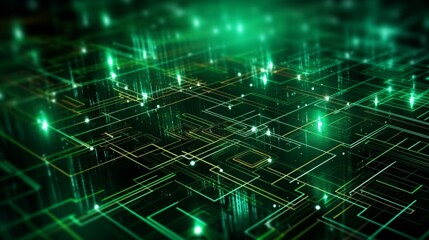 Harmonious blend of emerald green circuitry, as intricate patterns dance in symphony, futuristic and captivating background