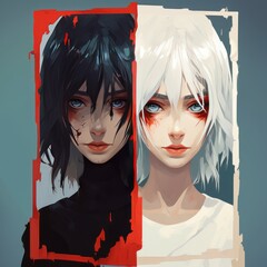 The juxtaposition of two opposite girls - with white hair and with black hair. Duplicity, illustration