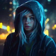 A girl with blue neon glowing eyes, in a hood with headphones, blue hair against the background of a night city