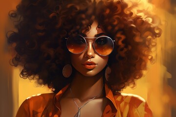 beautiful focus, attractive woman with afro textured hair wearing 70s style clothing