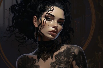 an attractive alternative woman with full sleeve tattoos, septum piercing, dark makeup wearing all black, illustration