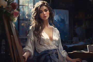 Fototapeta premium gorgeous woman intently creating art in studio wearing stylish outfit focused on painting, illustration