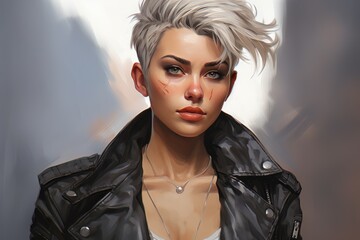 a strikingly attractive woman with punk style short hair, leather jacket, ripped jeans posing boldly, illustration