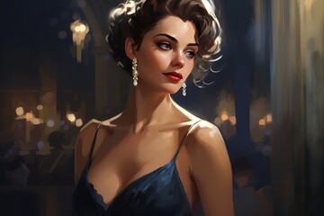 an elegant woman in an evening gown with an updo hairstyle and pearl earrings at a glamorous party, illustration