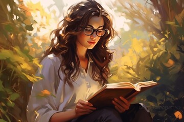 a pretty nerdy girl with glasses, mid length hair, enjoying book outdoors, illustration