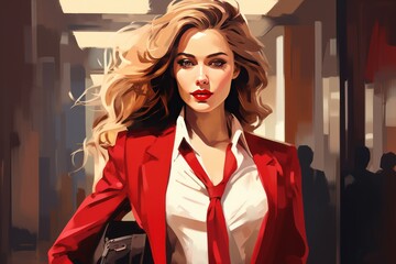 attractive woman in power suit bold red lipstick briefcase entering workplace confidently, illustration