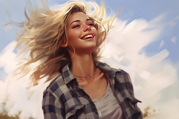 a pretty young woman laughing outdoors with windswept hair wearing casual jeans and flannel shirt, illustration,