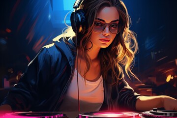 pretty DJ woman focused on turntables wearing headphones in zone