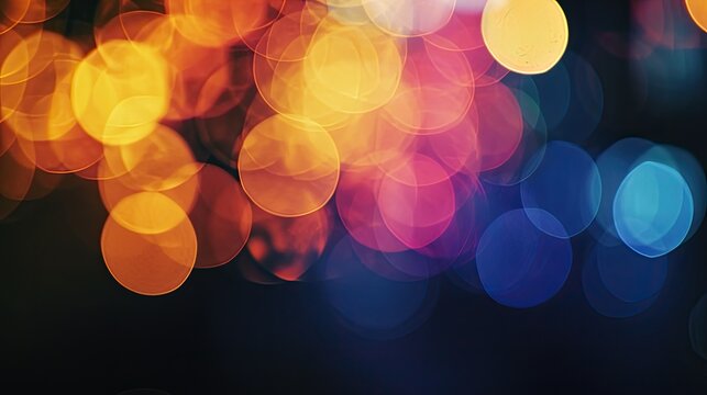 Image of glowing multicolor light on a dark background. Multicolor defocused lights, blurry glowing sparks.
